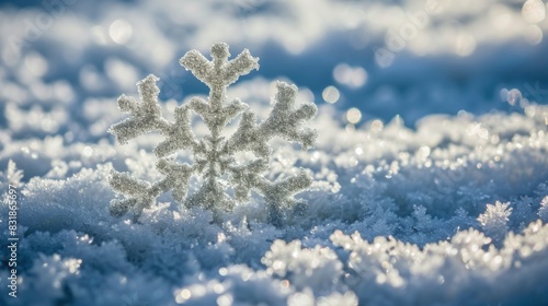 A snowflake is sitting on top of the snow. The snowflake is made of metal and is shiny. The snow is white and the sky is blue