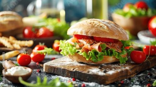 A sandwich with lettuce, tomato, and ham on a wooden cutting board. The sandwich is placed on a table with other food items such as french fries and a bowl of salad