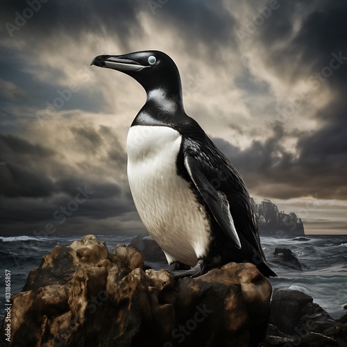The great auk (Pinguinus impennis) is a species of flightless alcid that became extinct, standing in their habitat photo