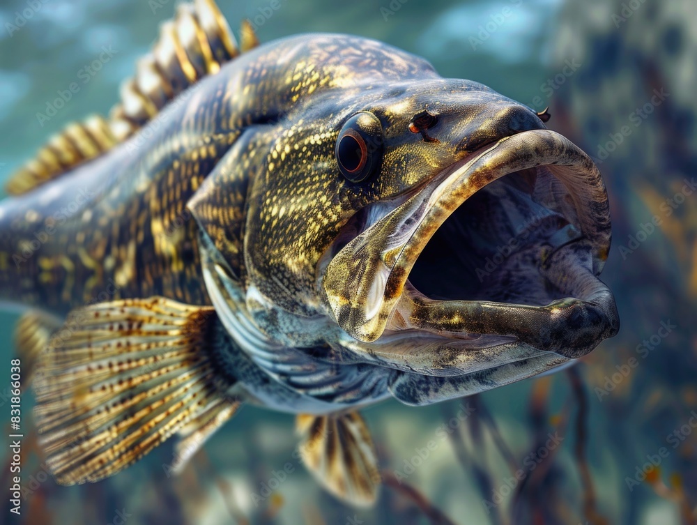 A large fish with a mouth open is swimming in the water. The fish is surrounded by seaweed and he is in a natural environment A large fish with a mouth open is swimming in the water. The fish is surrounded by seaweed and he is in a natural environment