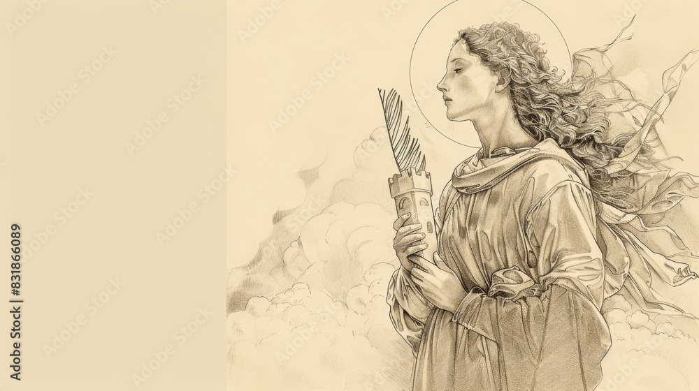 Fototapeta premium St. Barbara with Tower and Palm Branch, Stormy Skies, Biblical Illustration, Beige Background, Copyspace