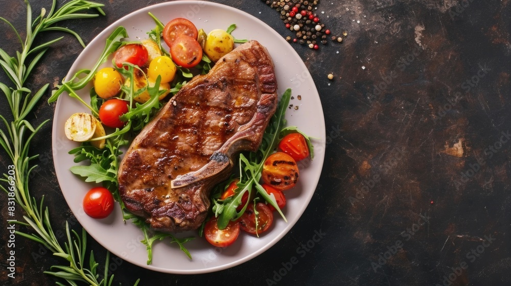 A plate of meat and vegetables with a black background. The plate is full of food and the vegetables are fresh and colorful A plate of meat and vegetables with a black background. The plate is full of food and the vegetables are fresh and colorful