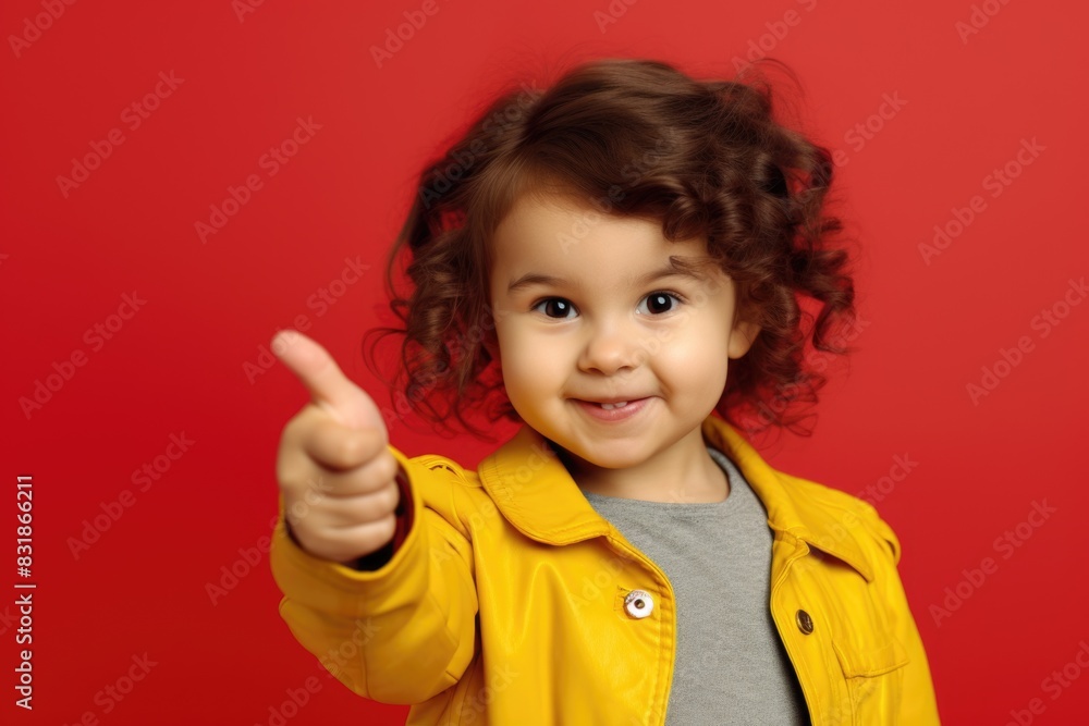 A young girl with curly hair is wearing a yellow jacket and giving a thumbs up. She is smiling and she is happy A young girl with curly hair is wearing a yellow jacket and giving a thumbs up. She is smiling and she is happy