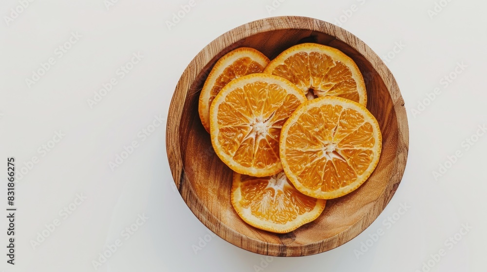 A bowl of sliced oranges. The bowl is wooden and the oranges are cut into slices. The bowl is placed on a white surface A bowl of sliced oranges. The bowl is wooden and the oranges are cut into slices. The bowl is placed on a white surface