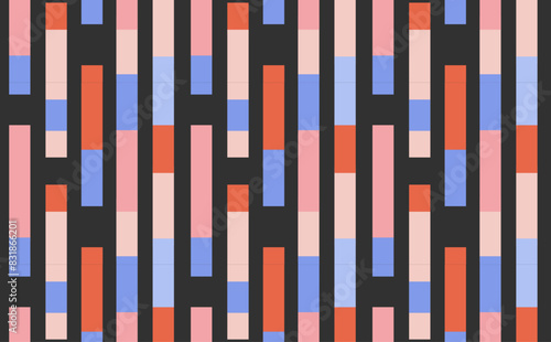 Abstract geometric pattern with vertical rectangles in black, red, pink, and blue. Seamless design for wallpaper, textile, and print. 