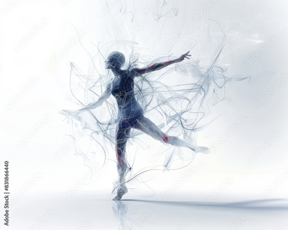 Generate a CG 3D rendering of a dancer interacting with digital elements Generate a CG 3D rendering of a dancer interacting with digital elements