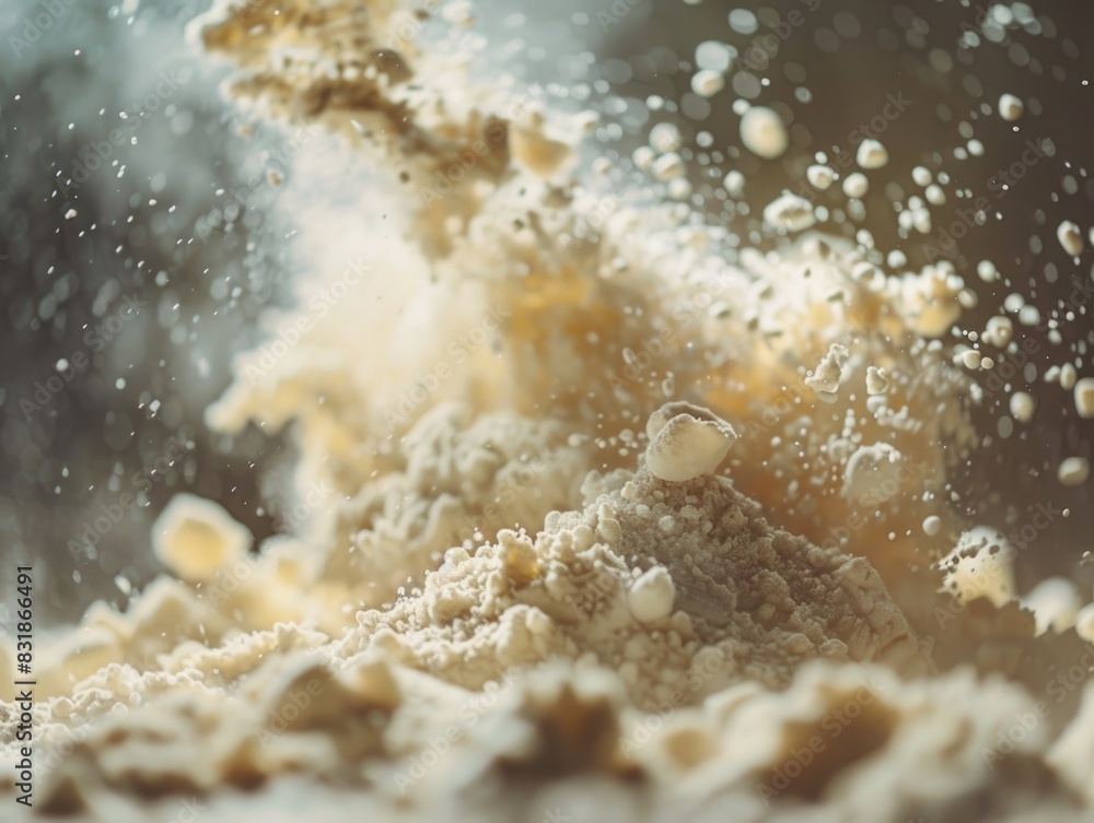 A white powdery substance is being blown into the air. Concept of chaos and movement, as the powder is being scattered and blown around A white powdery substance is being blown into the air. Concept of chaos and movement, as the powder is being scattered and blown around