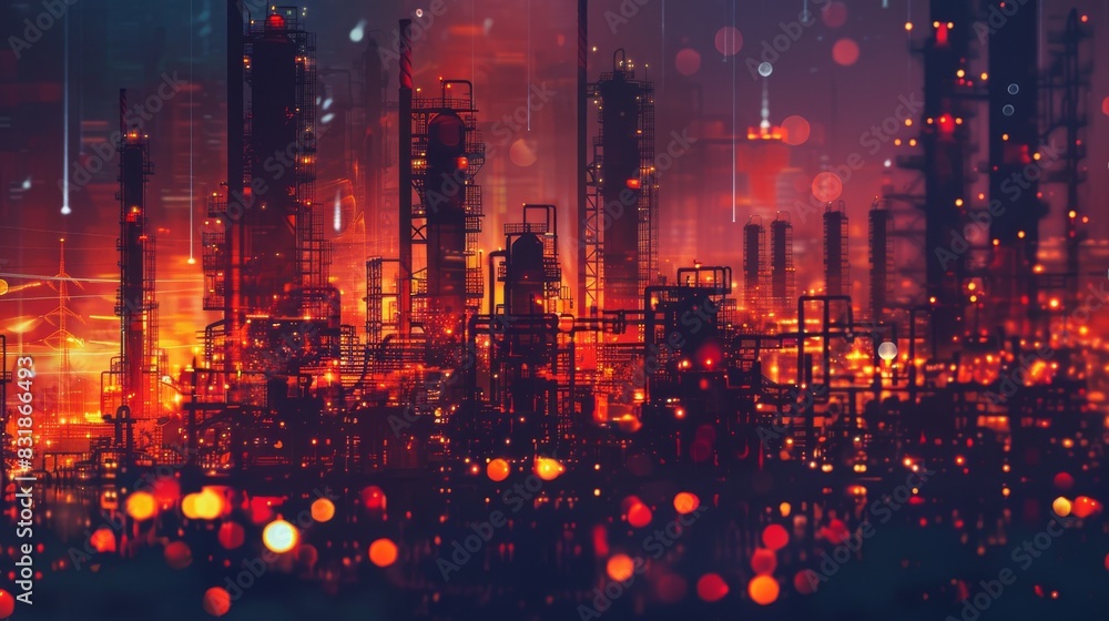 Chemical plant heavy industry setup close up, focus on, copy space, vibrant colors, Double exposure silhouette with chemical reactions