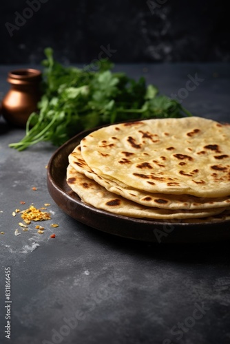 A plate of tortillas sits on a table with a few sprigs of parsley and a small bowl of salt