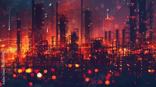 Chemical plant heavy industry setup close up  focus on  copy space  vibrant colors  Double exposure silhouette with chemical reactions