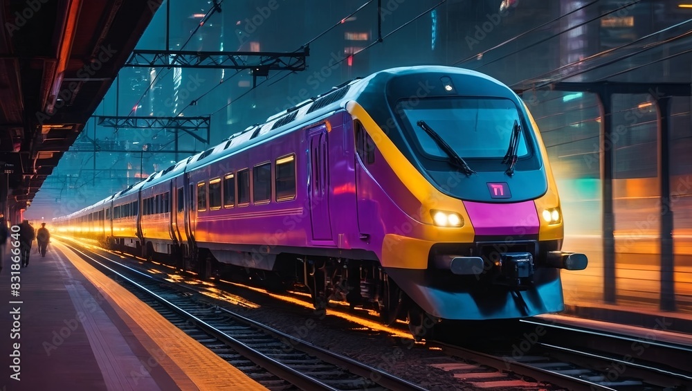 Fototapeta premium train on the railway artwork a night train at full speed using a blend of neon-impressionism and cyberpunk inspiration