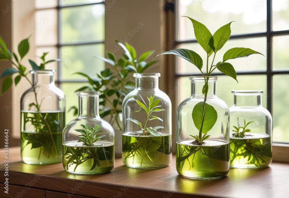 peaceful lab setting with various glass containers, some filled with clear liquid, and a prominent green plant growing in one, all bathed in soft natural light. peaceful lab setting with various glass containers, some filled with clear liquid, and a prominent green plant growing in one, all bathed in soft natural light.