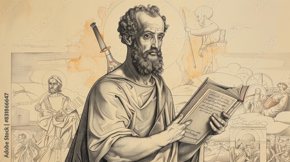 Fototapeta premium St. Paul with Book and Sword, Missionary Journeys, Biblical Illustration, Beige Background, Copyspace