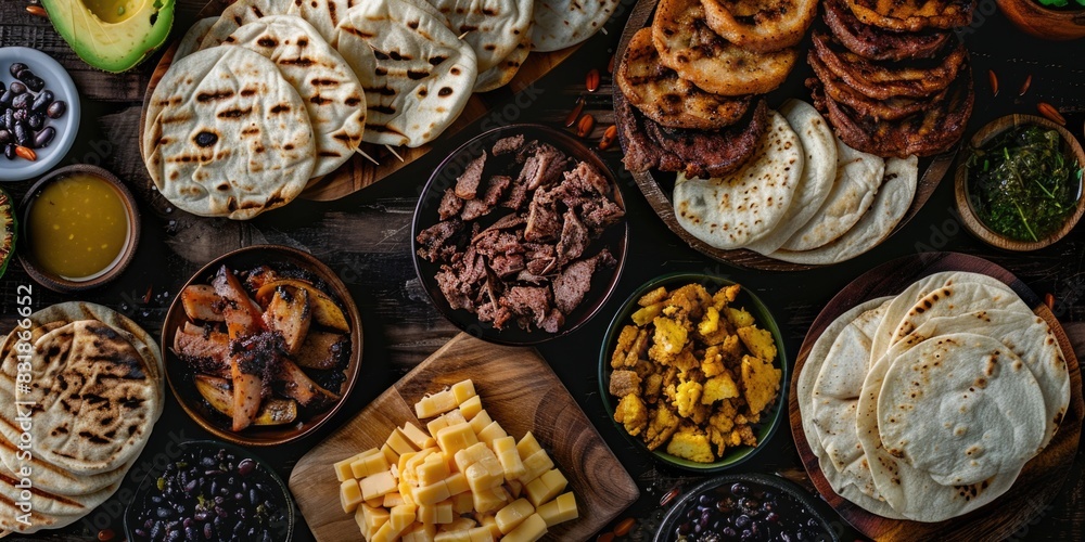 Fototapeta premium A table full of Mexican food including tortillas, beans, and cheese. Scene is inviting and delicious