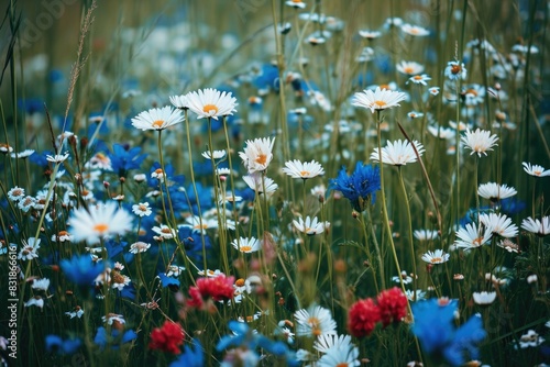 A field of flowers with blue  white  and red flowers. The flowers are scattered throughout the field  with some in the foreground and others in the background