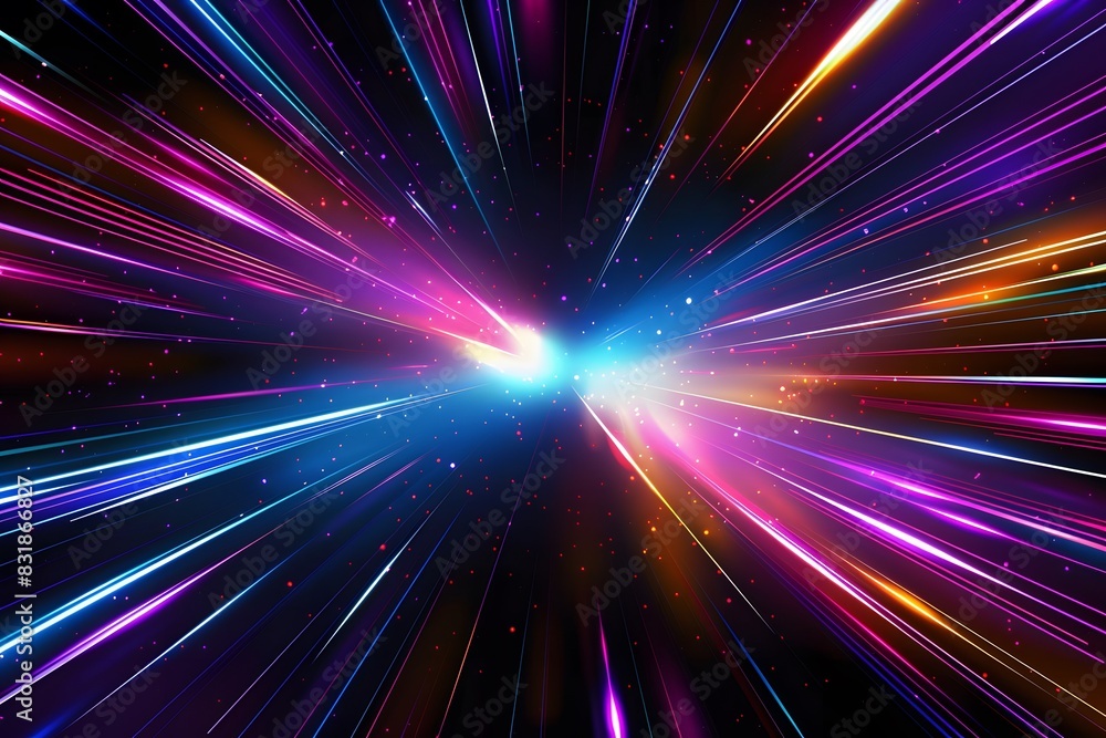 Naklejka premium A colorful and dynamic neon background with streaks of light in various colors, representing speed or time travel through space. The center is filled with glowing stars that give the impression