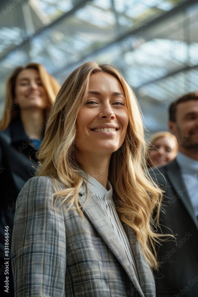 A woman smiling and laughing with a group of people, possibly friends or colleagues A woman smiling and laughing with a group of people, possibly friends or colleagues