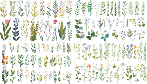 Beautiful floral set with watercolor wild field flowers.  floral watercolor illustration for greeting card, invitation and other printing design. Wild flowers hand drawing vector EPS. 