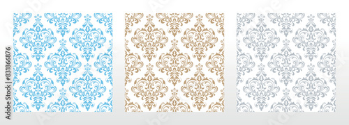 Wallpapers in the style of Baroque. Seamless vector backgrounds. Set of colored floral ornaments. Graphic patterns for fabric, wallpaper, packaging. Ornate Damask flower ornaments