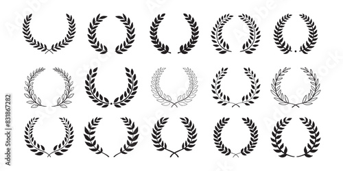 Laurel wreath. Set outline silhouette hand drawn laurel wreaths isolated Doodle floral frames.