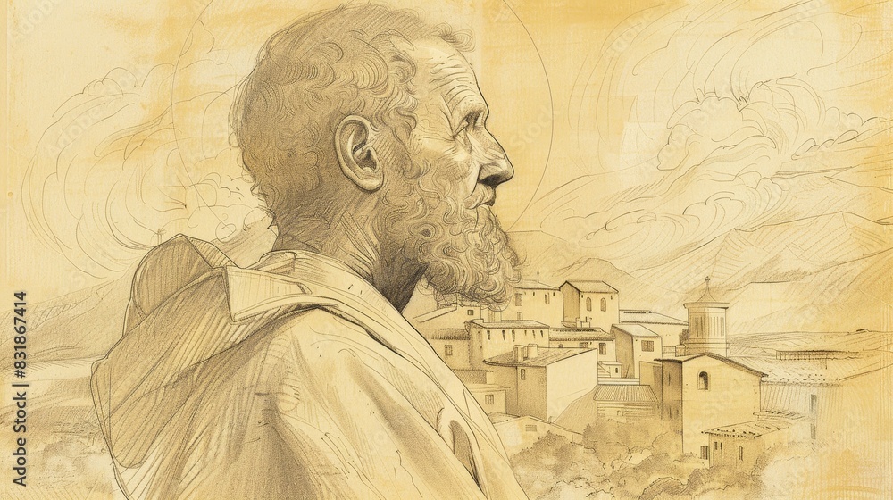 Fototapeta premium In Reflection, St. Ambrosio with 16th-Century Spanish Village, Biblical Illustration, Beige Background, Copyspace