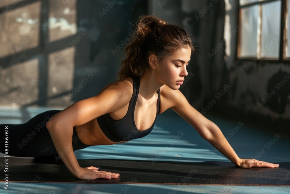 A woman in a black sports bra top performing a push-up exercise, suitable for fitness and workout themes A woman in a black sports bra top performing a push-up exercise, suitable for fitness and workout themes