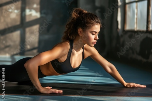 A woman in a black sports bra top performing a push-up exercise  suitable for fitness and workout themes