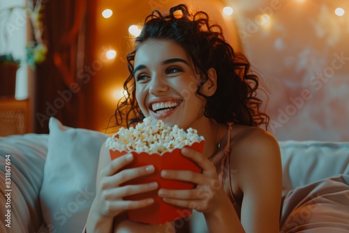 Woman sitting on the armchair at home and watching a comedy movie  she is eating popcorn and smiling
