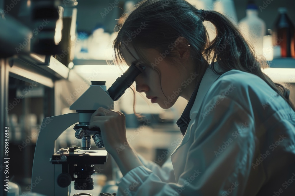 Young female researcher working in the lab, she is examining the samples under a microscope Young female researcher working in the lab, she is examining the samples under a microscope