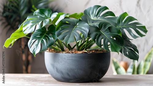 Close-up of a lush Monstera deliciosa in a stylish gray pot  perfect for indoor decor and bringing green into home spaces.