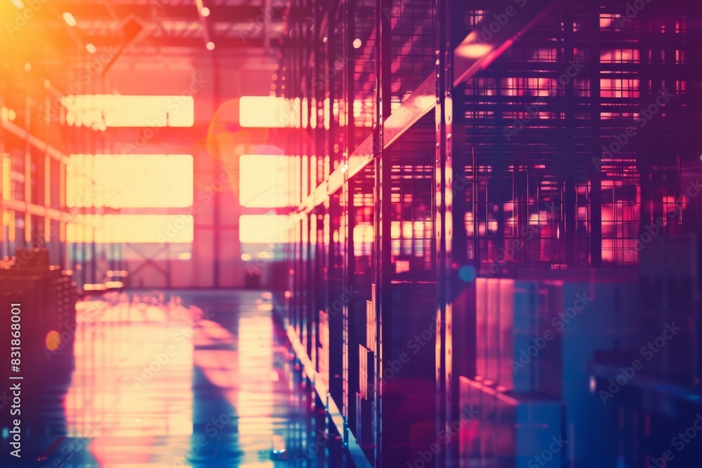 Fototapeta premium Warehouse operations in supply chain close up, focus on, copy space, vibrant colors, Double exposure silhouette with storage racks