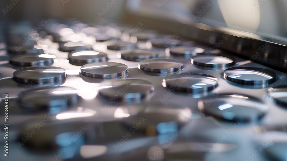 Obraz premium Close-up of automated tablet coating machine, shiny pills tumbling, precise focus, high gloss 