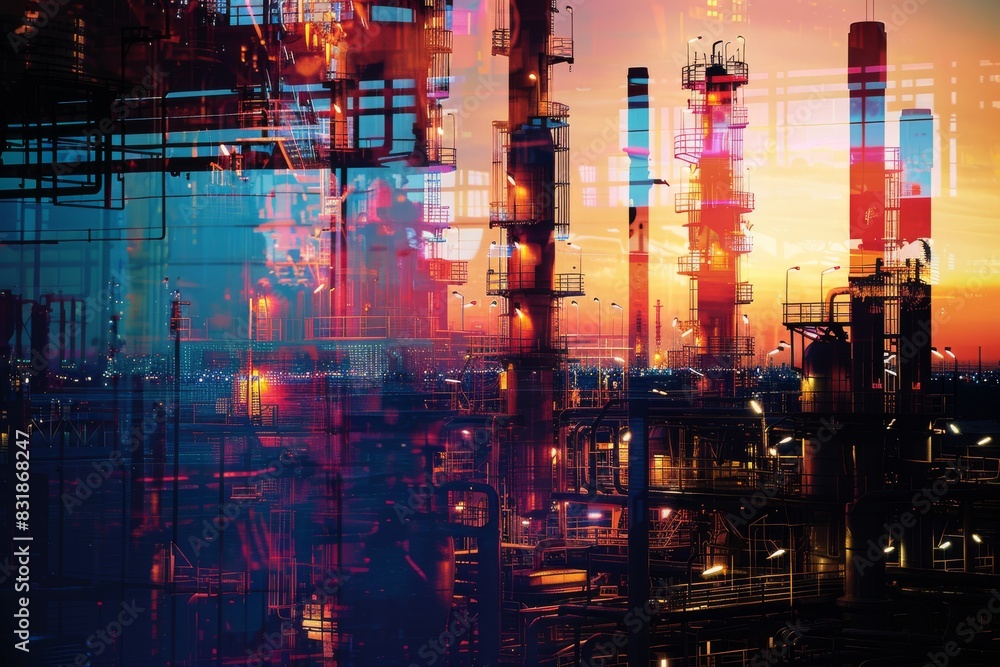 Automated systems in oil refinery close up, focus on, copy space, vibrant colors, Double exposure silhouette with control panels