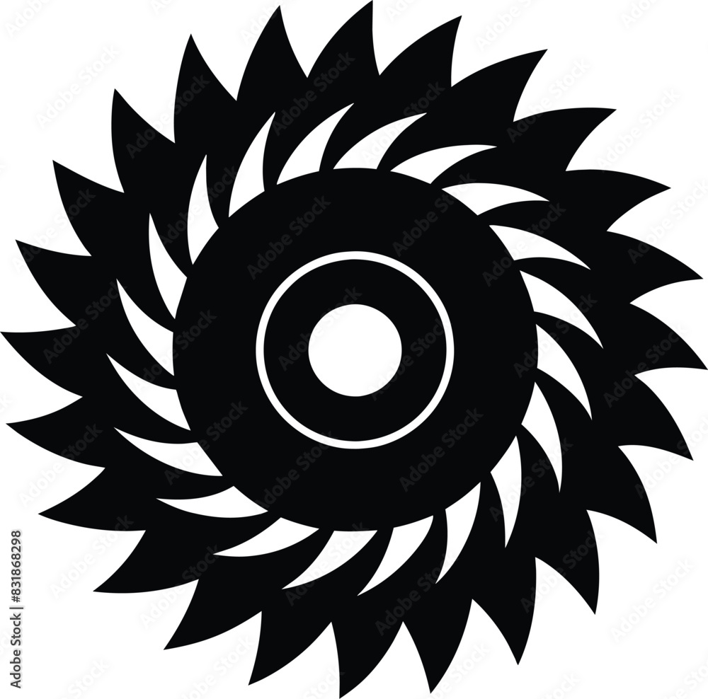 Circular saw blade vector icon isolated on white background. Simple black shape illustration of rotating saw blade.