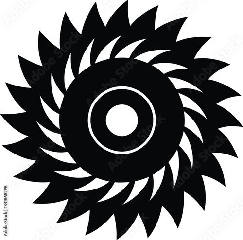 Circular saw blade vector icon isolated on white background. Simple black shape illustration of rotating saw blade.