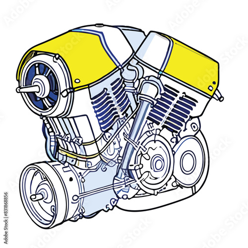 Realistic  diagram of a three stroke engine outside vector line art engineering drawing