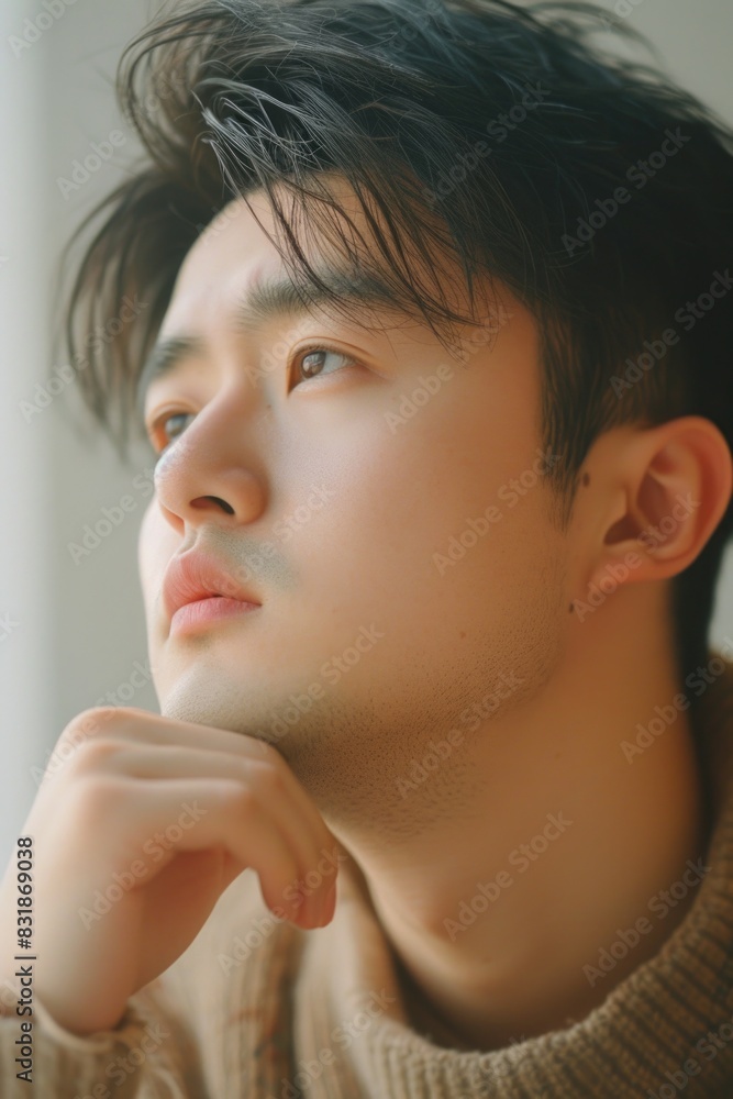 Close-up portrait of a man with his hand on his chin, thoughtful expression Close-up portrait of a man with his hand on his chin, thoughtful expression