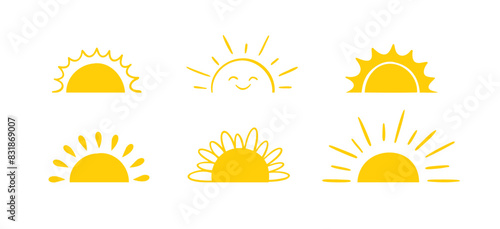 Yellow semicircle doodle half sun Hand drawn icons set doodle style. Sunset simple graphic symbols. Summer heat icons. Half round solar element. photo