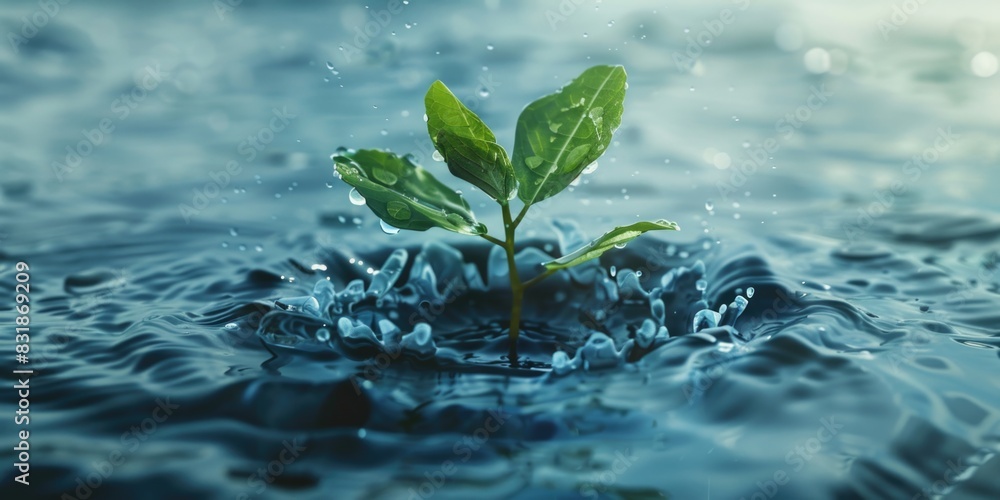 A small aquatic plant sprouts from the water's surface