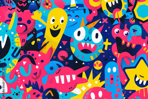 Colorful and cheerful abstract backdrop with cartoonish pop style motifs.