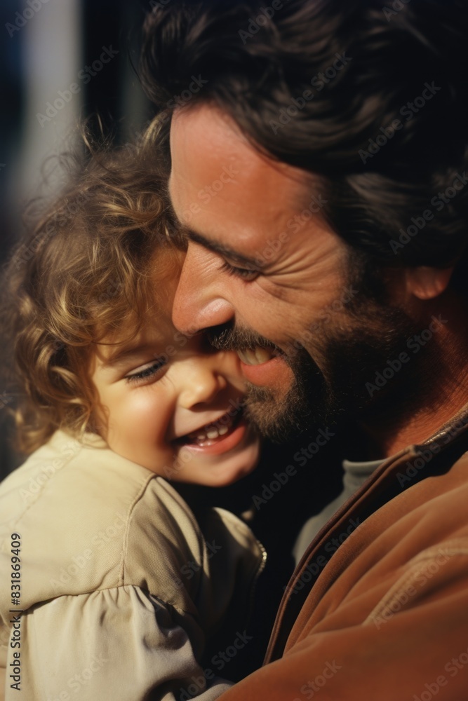 A close-up shot of a man holding a little girl in his arms, conveying a sense of care and protection A close-up shot of a man holding a little girl in his arms, conveying a sense of care and protection