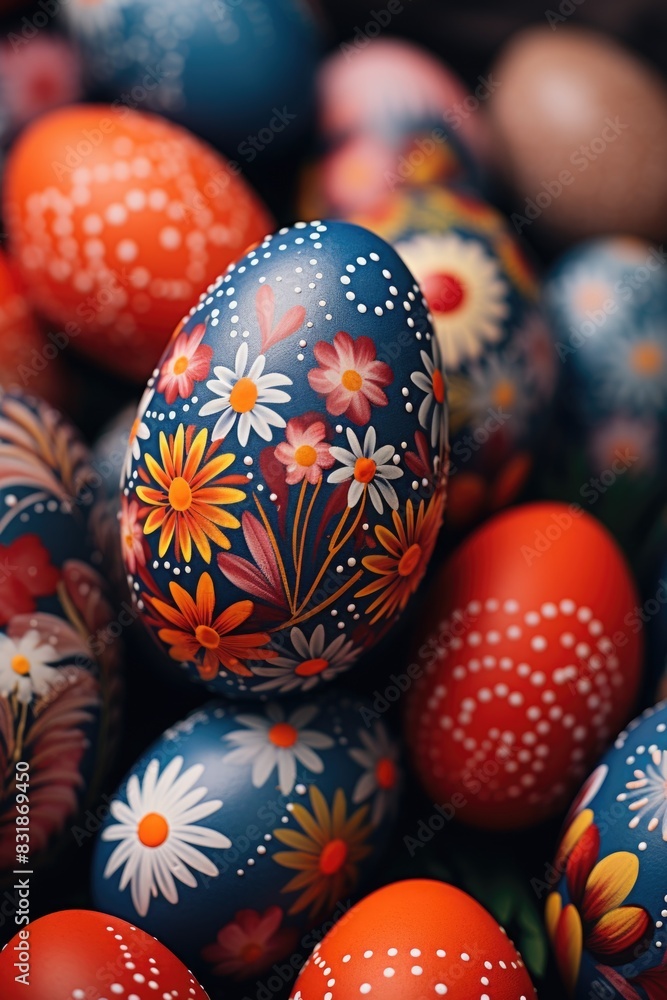 Fototapeta premium A stack of colorful painted Easter eggs, perfect for spring celebrations or decorative purposes