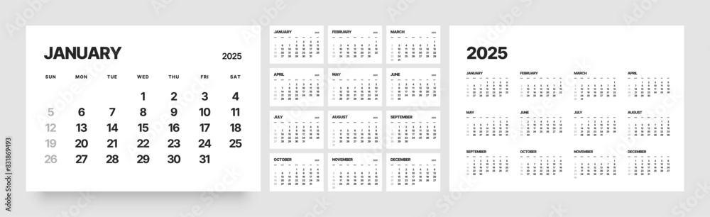 Monthly calendar template for 2025 year. Wall calendar in a minimalist style. Week Starts on Sunday. Monthly calendar template for 2025 year. Wall calendar in a minimalist style. Week Starts on Sunday.