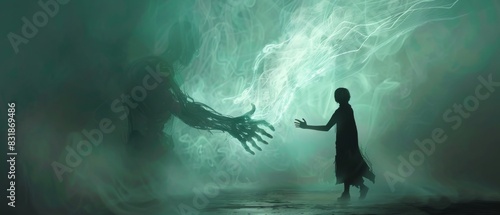 Bring to life the concept of Phantom Limb Sensations in a digital art piece, showcasing a ghostly hand reaching towards a silhouette, blending realism and surrealism photo