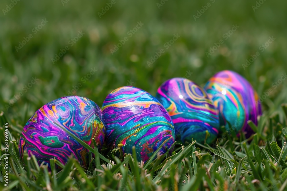 Three Easter eggs with marbled purple and blue colors sitting on the grass Three Easter eggs with marbled purple and blue colors sitting on the grass