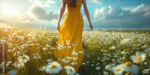 Frau in einem gelben Kleid geht in einem Blumenfeld