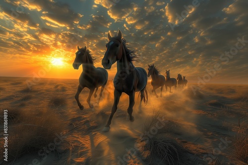 several wild horses are running across the desert photo