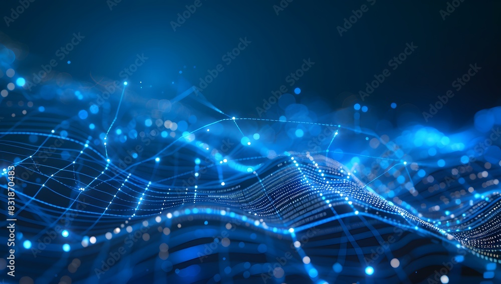 Obraz premium Abstract blue wave background with glowing dots and lines, dark blue background, AI generative text 
