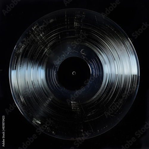 A close-up of an old, scratched vinyl record with a worn label, displayed against a dark black background