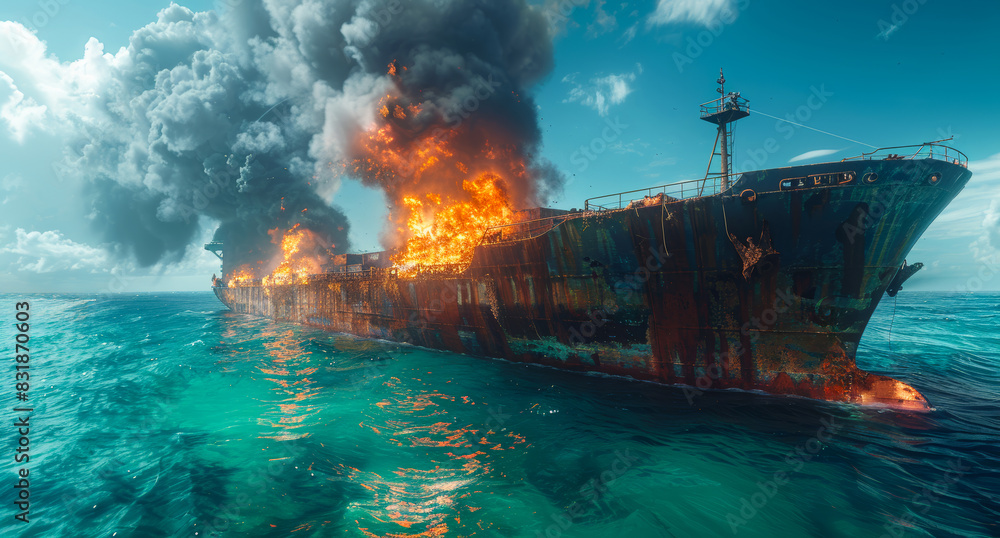 Large tanker is burning in the sea. A cargo ship on fire in the middle of an ocean Large tanker is burning in the sea. A cargo ship on fire in the middle of an ocean